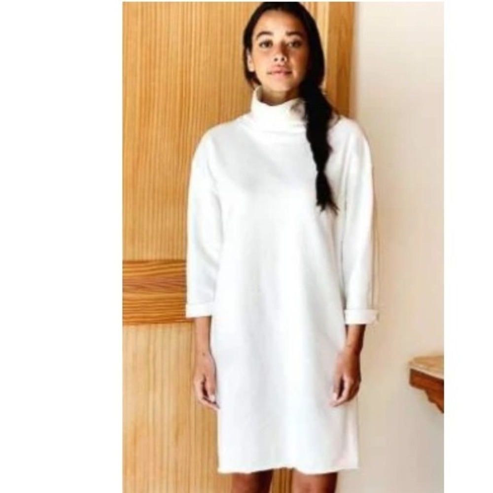 Emerson Fry Raw Edge Turtleneck Dress 100% Organic Cotton Ivory Comfort Luxury